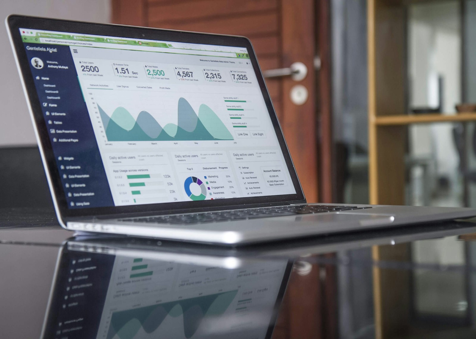 Indicadores financeiros e gráficos sobre uma mesa de trabalho, em preto e branco